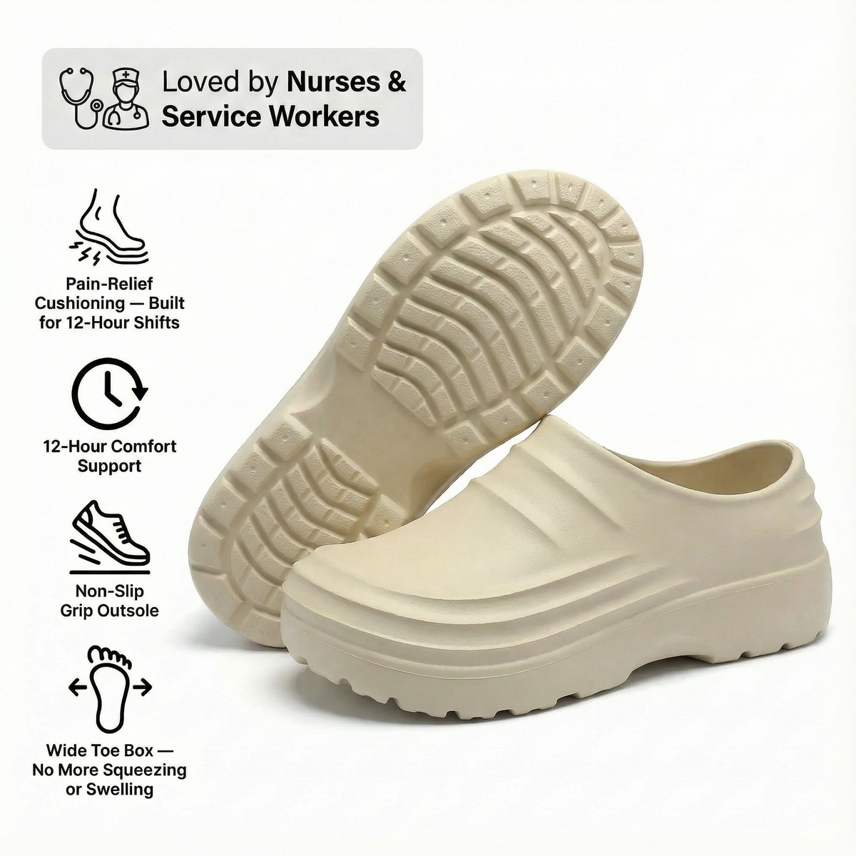 NursePro™ Zuecos para turnos de 12 horas – Soporte integrado del arco para fascitis plantar, puntera amplia y suela antideslizante