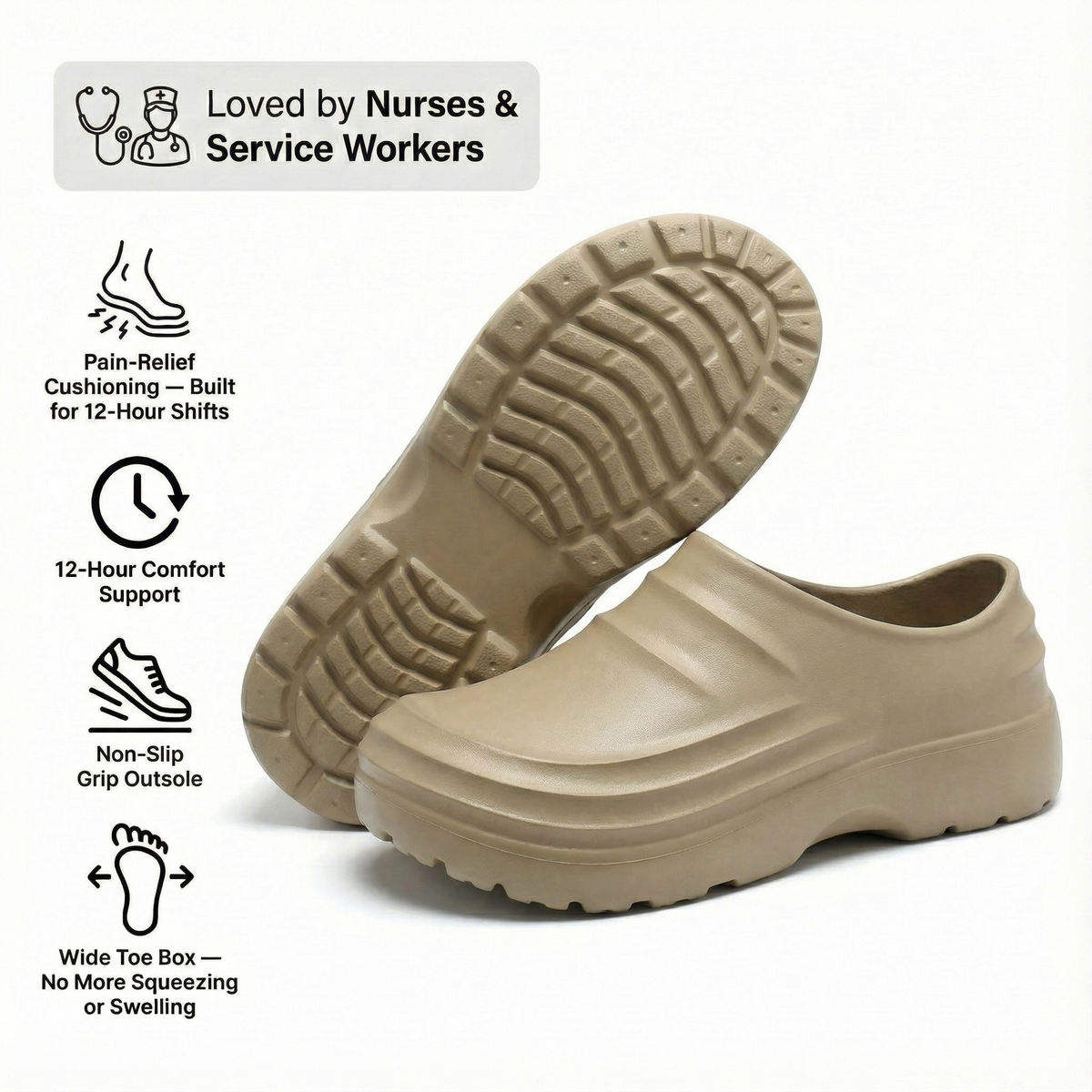 NursePro™ Zuecos para turnos de 12 horas – Soporte integrado del arco para fascitis plantar, puntera amplia y suela antideslizante