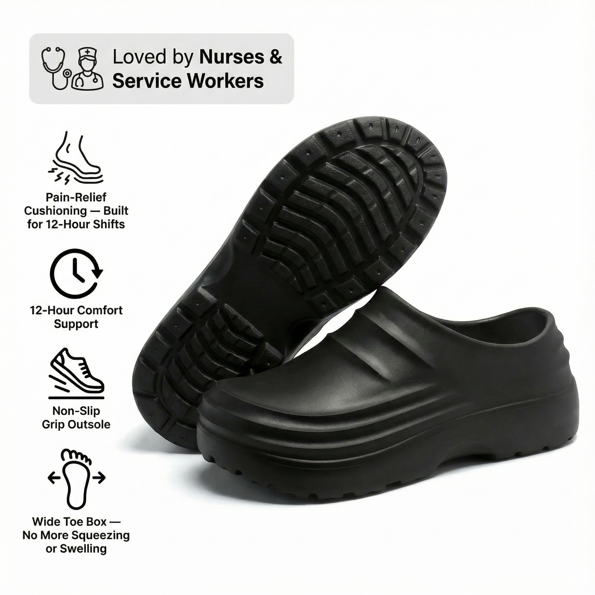 NursePro™ Zuecos para turnos de 12 horas – Soporte integrado del arco para fascitis plantar, puntera amplia y suela antideslizante