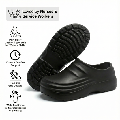 NursePro™ Zuecos para turnos de 12 horas – Soporte integrado del arco para fascitis plantar, puntera amplia y suela antideslizante