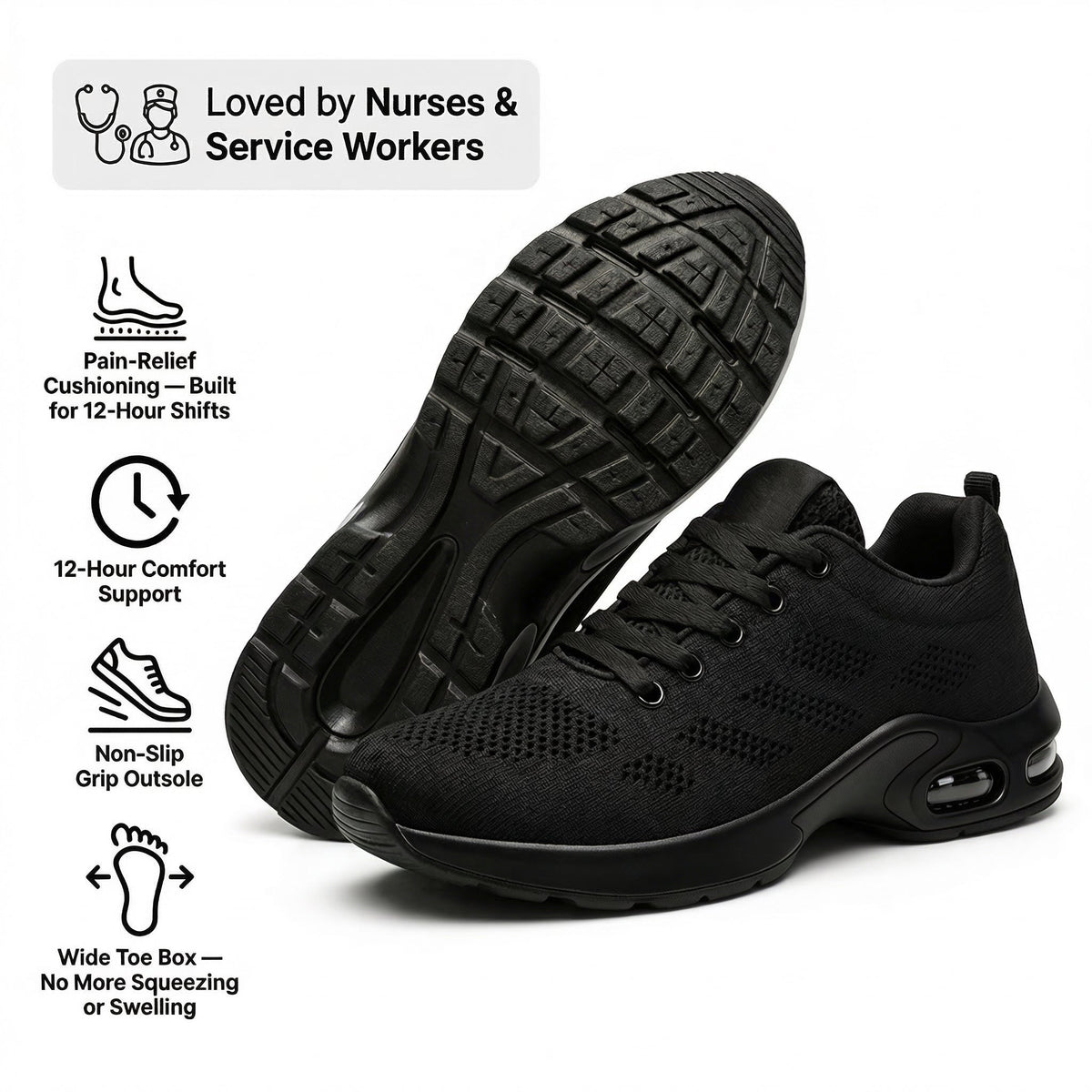 Zanviora™ Pro — Zapatos para turnos de 12 horas con alivio del dolor de pies, rodillas y espalda durante todo el día